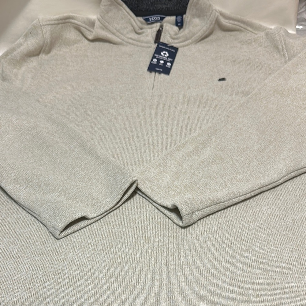 Izod Cream Zip Up Sweater with Embroidered Logo